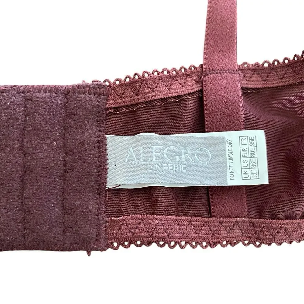 Alegro Bra 36 E Maroon Underwired Side Lacing Rhinestone Light Padding